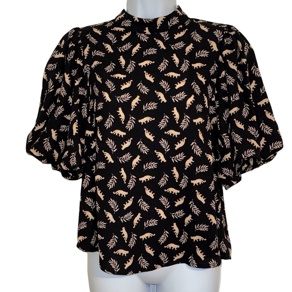 THML Leopard Leaf Print Mock Neck Puff Sleeve Black Blouse NWT $69 Small‎ - Picture 2 of 8